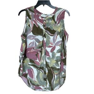 Tahari 100% Linen Top Women’s Lg Tropical Floral Sleeveless Button Up Resort